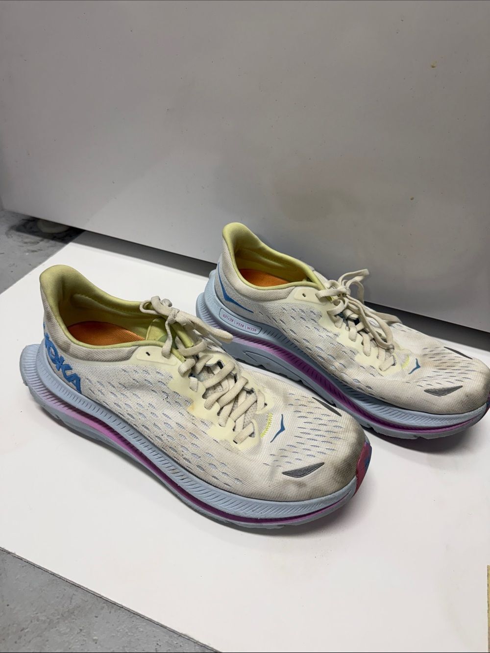 Hoka One One Women's Cream Running Shoes with Yellow and Purple Accents Size 8.5